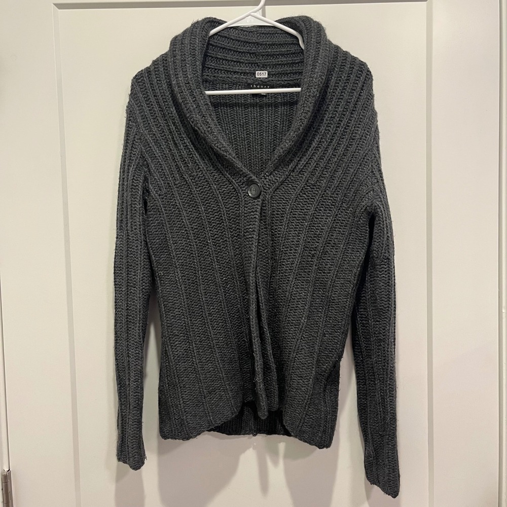 Theory Mens Charcoal Gray Ribbed Shawl‎ Collar Single Button Cardigan Sweater M